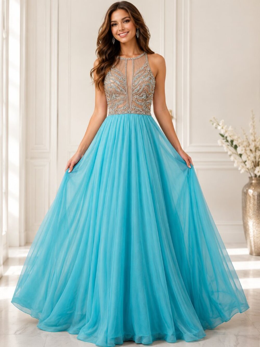Rachel Allan Aqua Beaded Prom Gown Illusion Neck Sleeveless Pageant Formal Dress